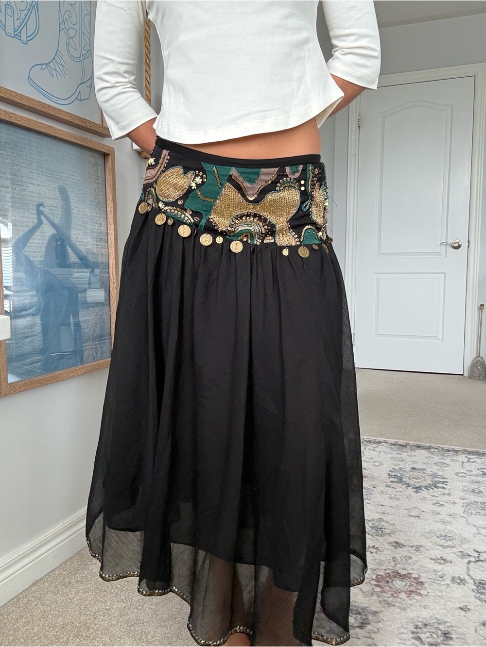 Marciano Embellished Black Boho Maxi Skirt with Gold Coin Trim